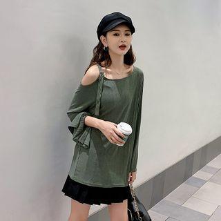Long-sleeve Plain Cold-shoulder Top