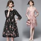 Bobble Detail Floral Embroidered 3/4-sleeve A-line Dress