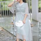 3/4-sleeve Embroidered Floral Chiffon A-line Midi Dress