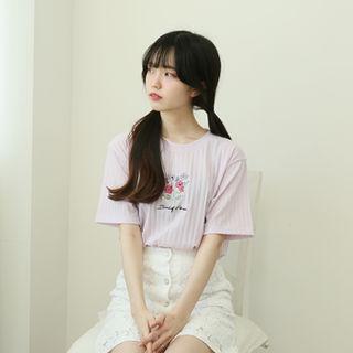 Flower Embroidery Ribbed T-shirt