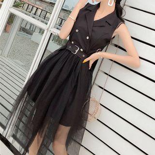 Double Breasted Mesh Panel Sleeveless Dress