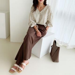 V-neck Knotted Striped Shirt Light Beige - One Size