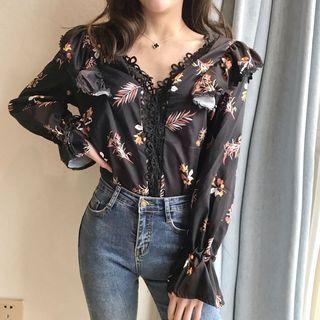 Long-sleeve Lace Trim Floral Blouse