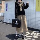 Long-sleeve Frill Trim Sailor Collar Top / Checked A-line Midi Skirt