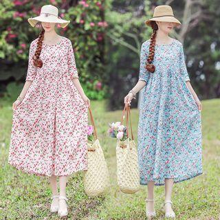 Ethnic Cotton Linen Round-neck Floral Dress