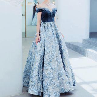 Jacquard Ruffle Trim Off-shoulder A-line Evening Gown