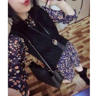 Set: Plain Vest + Gemstone Print Long Sleeve Dress