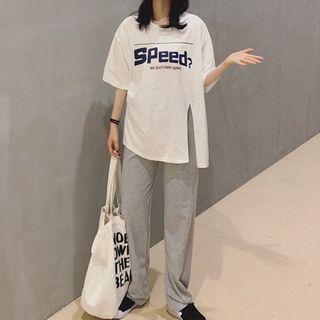 Lettering Elbow-sleeve Split T-shirt / Wide Leg Pants