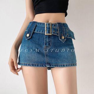 Denim Mini Pencil Skirt With Belt