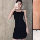 Rhinestone Strap Knit Mini Bodycon Dress Black - One Size