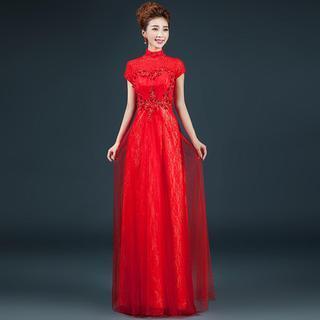 Short-sleeve Mock-neck Lace A-line Evening Gown