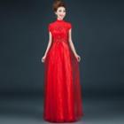 Short-sleeve Mock-neck Lace A-line Evening Gown