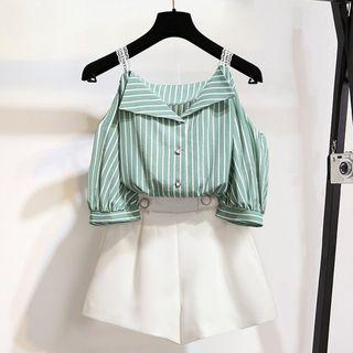 Set: Striped Elbow-sleeve Cold-shoulder Blouse + Shorts