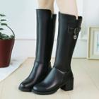 Faux Leather Block Heel Knee High Boots