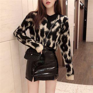 Leopard Print Sweater / Patent Mini Pencil Skirt