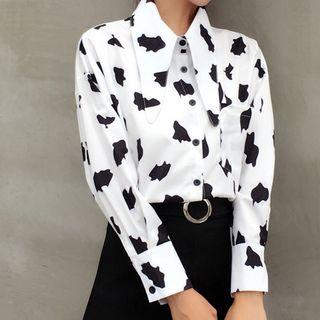 Long-sleeve Milk Cow Print Blouse White & Black - One Size