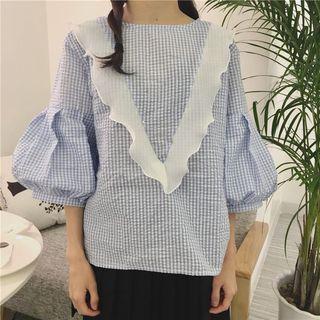 Plaid Chevron Lantern Sleeve Blouse