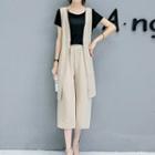 Set: Short-sleeve T-shirt + Long Vest + Wide Leg Cropped Pants