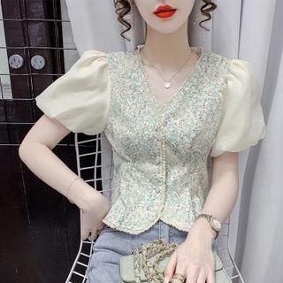 Puff-sleeve Floral Panel Chiffon Blouse