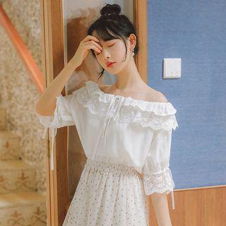 Off-shoulder Lace Trim Elbow-sleeve Top