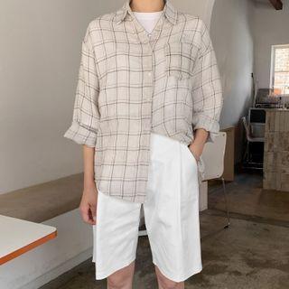 Tab-sleeve Sheer Checked Shirt