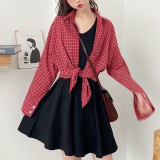 Plaid Shirt / Sleeveless A-line Mini Dress