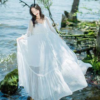Set: Long-sleeve A-line Maxi Dress + Strappy Dress
