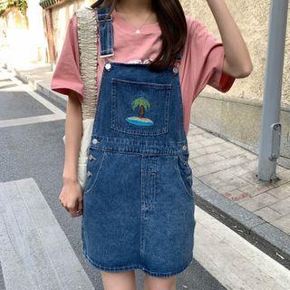 Tree Embroidered Mini Denim Overall Dress