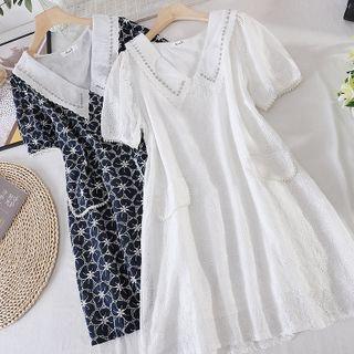 Peter Pan Collar Cutout Embroidered Short-sleeve Dress