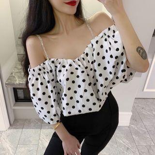 Elbow-sleeve Dotted Top / Boot Cut Pants