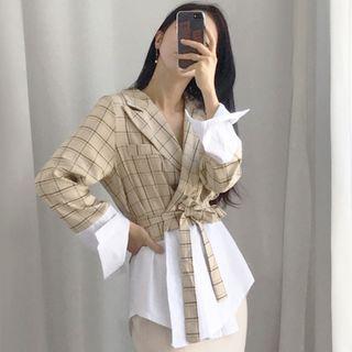 Mock Two-piece Plaid Panel Tie-strap Shirt Plaid - Khaki - One Size