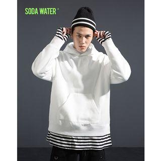 Mock Two-piece Striped-trim Hooded Pullover