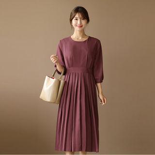 Balloon-sleeve Pleated Long Dress