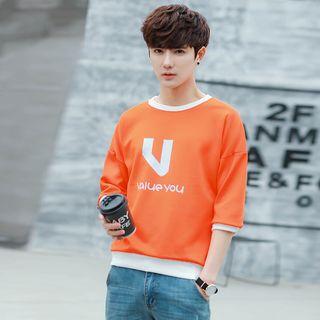 Lettering Contrast Trim 3/4 Sleeve T-shirt