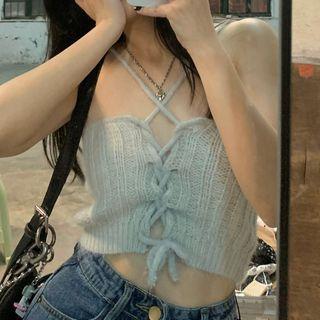 Lace-up Back Knit Camisole Top Gray - One Size