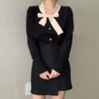 Tie-neck Color Block Knit Top / High-waist Asymmetric Skirt Almond - One Size