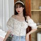 Short-sleeve Floral Cropped Blouse Floral - White - One Size