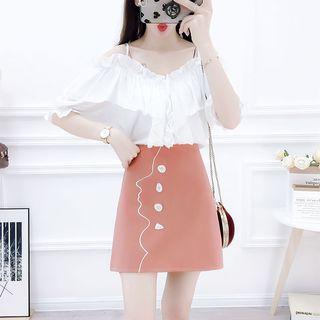 Set: Elbow-sleeve Cold Shoulder Ruffled Top + A-line Mini Skirt
