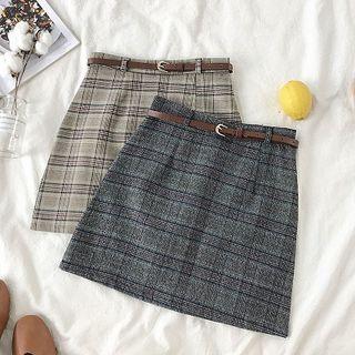 Color-block Plaid High-waist A-line Skirt With Belt