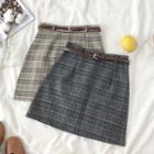 Color-block Plaid High-waist A-line Skirt With Belt
