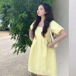 Square-neck Plain A-line Dress Yellow - One Size