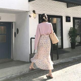 Flounced Floral Chiffon Long Skirt Beige - One Size
