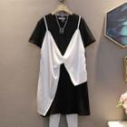 Short-sleeve Mock Two-piece Panel Suspender Knotted Dress