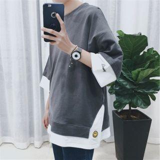 Mock Two-piece Smiley Face Embroidered Elbow-sleeve T-shirt