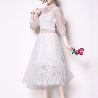 Elbow-sleeve A-line Midi Mesh Dress