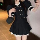 Short-sleeve Double-breasted Blouse / Mini Skirt