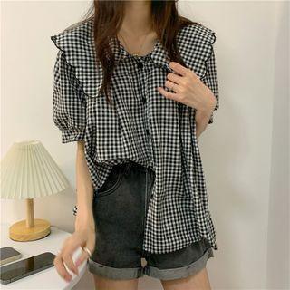 Peter Pan Collar Plaid Short-sleeve Shirt Black & White - One Size