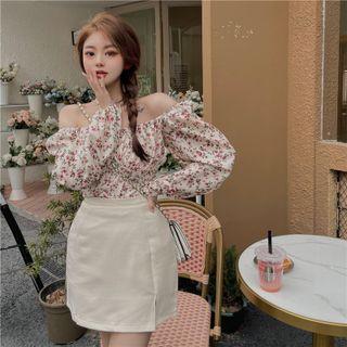 Cold-shoulder Floral Print Blouse White & Red - One Size