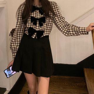 Ribbon Plaid Shirt / Plain Mini Skirt