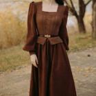 Set: Mock Two-piece Long-sleeve Square-neck Midi A-line Dress + Belt
